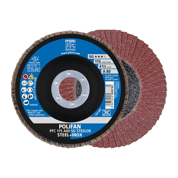 Pferd 4-1/2" x 7/8" A.H. POLIFAN Flap Disc - A SG STEELOX, Aluminum oxide, 80 Grit, Conical 62204 - main